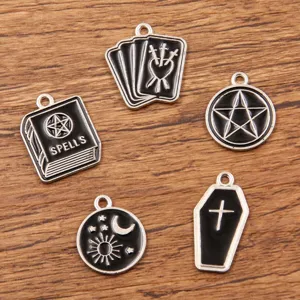 Gothic Mystical Alloy Charms For Jewelry Making DIY Pentagram Moon Sun Spell Book Tarot Card Coffin Cross Pendants Black Enamel Charms