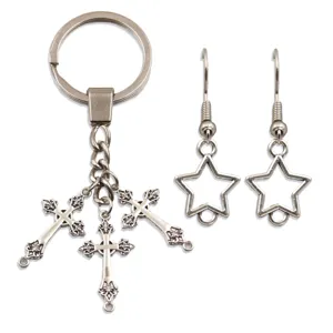 Vintage silver tone metal keychain and hollow star earrings set gothic cross jewelry accessory