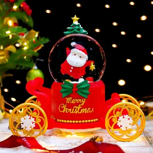 Christmas Santa Claus Carriage Snow Globe Music Box With Luminous LED Light Glowing Rotating Snowflake Resin Glass Craft Table Desktop Holiday Ornament Xmas Gift