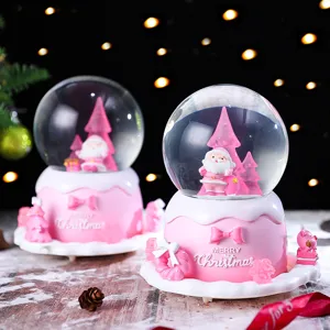 Rosa Weihnachtsmann Schneekugel Spieluhr Detailansicht, leuchtende festliche Tischdeko Geschenk.