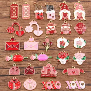 Valentine's Day Enamel Alloy Charms Red Pink Heart Rose Flower Envelope Lips Gnome Pendants For DIY Jewelry Making Accessories