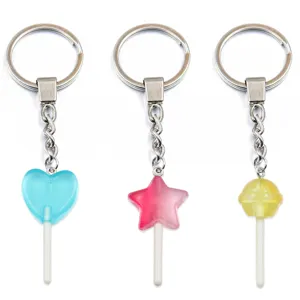 Cute lollipop resin keychain set featuring heart, star and round charms with metal rings.