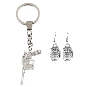 Zilveren legering wapen sleutelhanger en granaat oorbellen set diy accessoires sieraden