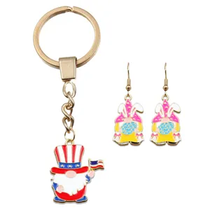 Alloy enamel gnome keychain and earrings jewelry set, cute holiday design for DIY accessories.