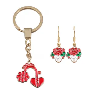Valentine enamel rose keychain and earrings set alloy DIY jewelry accessories detail.