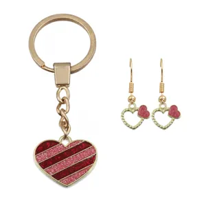 Set portachiavi e orecchini a cuore di San Valentino, gioielli in lega con smalto glitter.