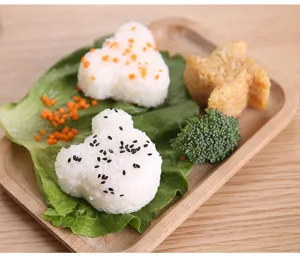 DIY cartoon rice ball mold food display featuring cute animal and Mickey shapes for fun bento making.