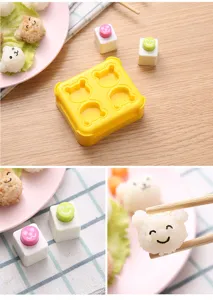 Cute bear rice mold detail shot showing the yellow mold and cute expression press tools.