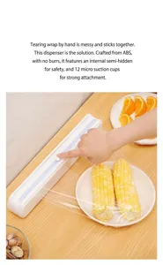Dispensador de film transparente con cuchilla oculta y ventosas para almacenamiento en cocina.