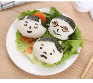 Close-up of cute family face rice balls made with DIY mold, food display detail, onigiri.