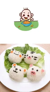 Détail de moules à boules de riz d'animaux mignons avec ours et tigre pour repas d'enfants.