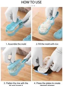 Detail view of DIY seal rice mold instruction steps, showing easy sushi bento making process.