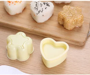 Primo piano di simpatici stampi in plastica per polpette di riso a cuore e fiore con sushi.