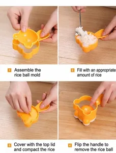 Vue détaillée du moule à boules de riz ours avec des instructions étape par étape pour les sushis.