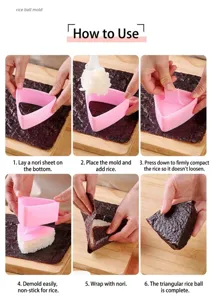 Vista ravvicinata dettagliata dello stampo per polpette di riso triangolari in plastica rosa.
