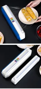 Close-up detail of plastic wrap dispenser showing smooth cutting blade and magnetic storage design.