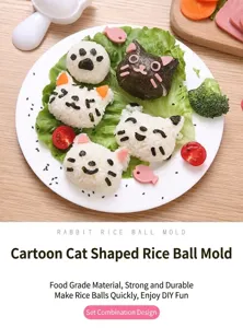 Cute cat rice ball mold detail showing adorable animal shaped onigiri with fresh lettuce and food.