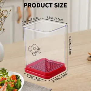 Clear plastic storage container with red drainage base and food icon prints for kitchen organization.