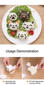 DIY cartoon cat rice ball mold set, plastic sushi maker kitchen baking tool for kids.