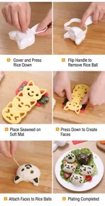 Detailed view of cute cat rice ball mold DIY set, showing step by step cooking tools.