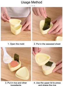 Detailansicht mit Schritt-für-Schritt-Anleitung für die Kunststoff Dreieck Reiskugel Form.