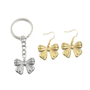 Stainless steel bow keychain and gold earrings set, cute DIY handmade jewelry accessories.