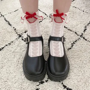Japanese sweet JK style mid-calf socks with cute red velvet bows hollow heart knit hosiery.