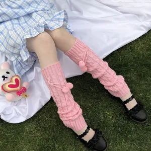 Chauffe-jambes tricotés roses Lolita doux avec pompons mignons, style hiver JK confortable.