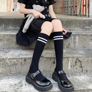 Women black calf socks with double white stripes, classic athletic school style socks for daily wear.