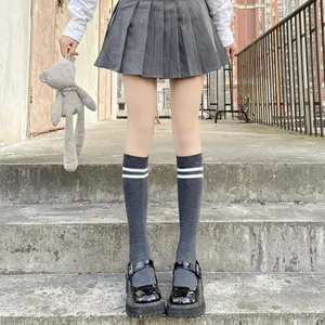 Grey knee high socks with dual white stripes detail close up view, comfortable casual wear