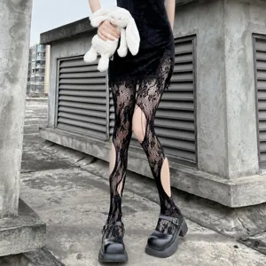 Women's Sexy Hollow Out Fishnet Pantyhose Garter Style Ripped Dark Gothic Tights
