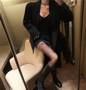 Damen Stern Muster Netzstrumpfhose sexy schwarze Strumpfhose fuer Herbst Fruehling.