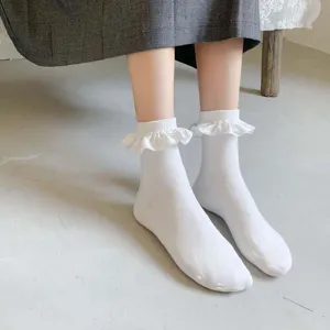 Detailaufnahme von weißen Rüschen-Mittelsocken mit zartem Spitzenrand für süßen Alltagsstil.