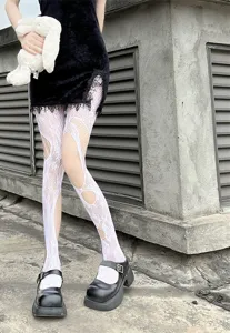 White ripped fishnet stockings hollow out tights sexy gothic streetwear hosiery for women