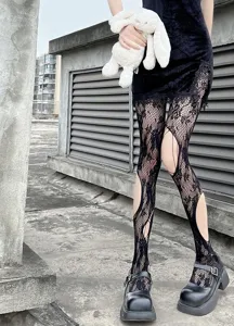 Black lace hollow-out fishnet tights for women, edgy punk streetwear gothic pantyhose legwear.