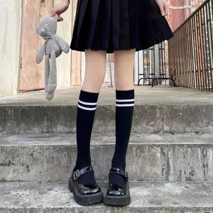 Black striped compression tube socks for women, breathable athletic fitness knee high socks