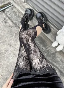 Black lace fishnet hollow tights sexy suspender stockings for women dark gothic style.