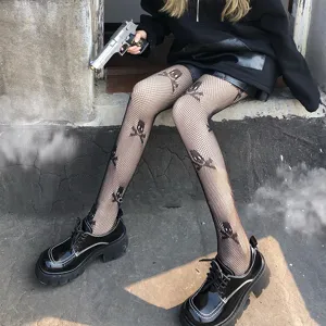 Schwarze Netzstrumpfhose für Damen Gothic Punk Totenkopf Muster Strumpfhose Streetwear