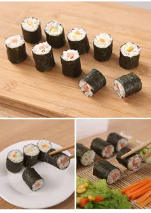 Vista dettagliata di mini rotoli di sushi fatti in casa realizzati con stampi per sushi.