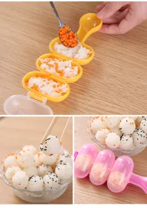 Vista dettagliata dello stampo per polpette di riso sushi DIY mostra preparazione e design.