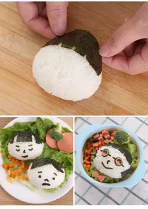 Detailed view of creative DIY cartoon rice balls shaped with molds and decorated with food.
