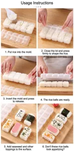 Istruzioni dettagliate su come preparare polpette di riso con questo stampo per sushi a 5 scomparti.