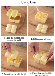 Step-by-step instructions for DIY double-cylinder rice ball mold and sushi making tool.