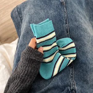 Retro striped mid-tube socks, vintage college style casual cotton socks for women.