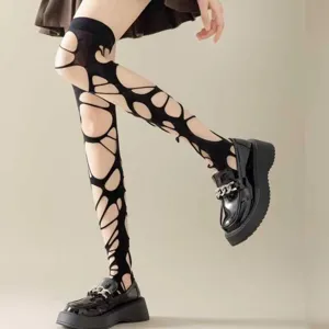 Damen Punk Goth Ausgeschnitten Distressed Über Dem Knie Socken Und Strumpfhosen Sexy Streetwear Strümpfe Party Club Wear