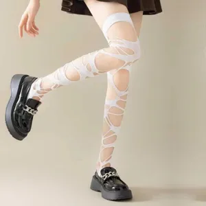Weiße Punk Gothic unregelmäßige hohle Overknee Socken y2k Stil sexy distressed Strumpfhose