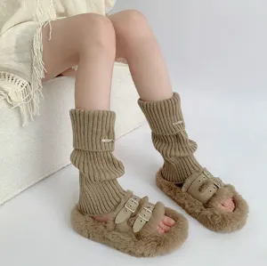 Autumn winter cozy knit leg warmers Japanese style cute JK loose socks with fuzzy slippers.
