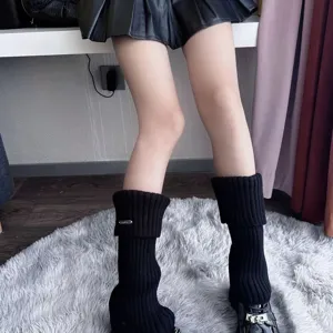 Autumn winter loose knitted leg warmers Japanese style JK stacking socks with metal tag design.