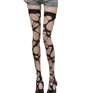 Punk Goth unregelmässige y2k hohle Overknee Strümpfe sexy zerrissene Strumpfhose Damen