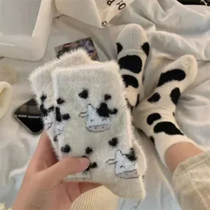 Fluffy cow print plush winter socks for women, cute thick warm fuzzy casual hosiery
